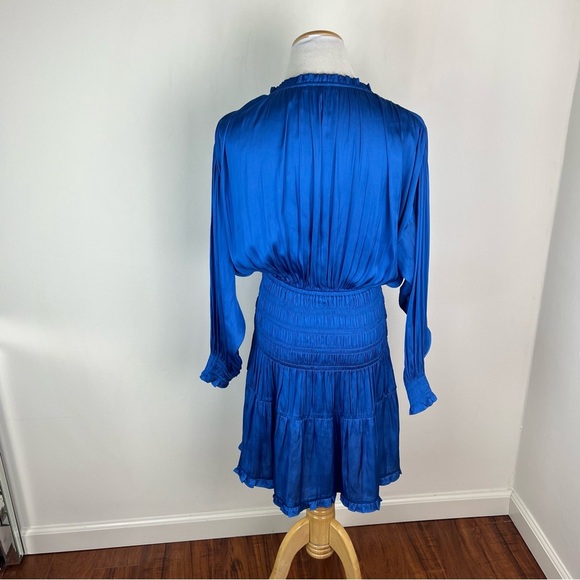 Maje Radji Smocked Satin Long Sleeve Mini Dress Size 34 US 2 Bright Blue - Picture 5 of 8